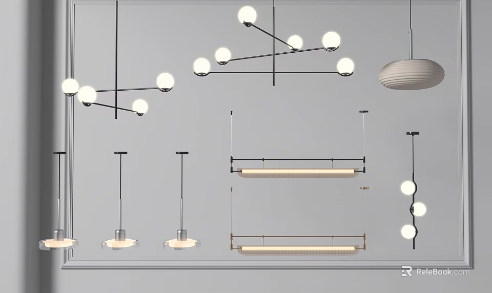Diverse Modern Pendant Lights Featuring Spherical Bulbs Linear Shapes And Metal Frames 3d model
