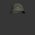 Vintage Military Protective Helmet With Worn Metal Surface On Display Stand