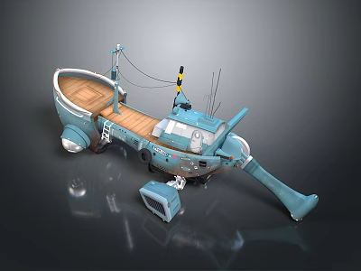 Cartoon Toy Boat Model With Wooden Deck Blue Hull Antennas And Equipment 3d model