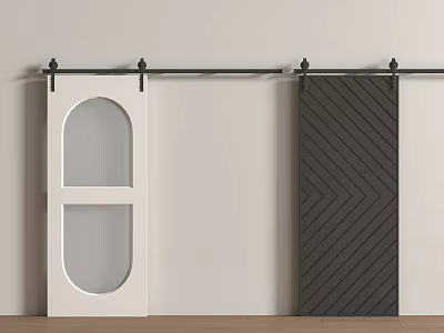 White And Dark Gray Barn Doors With Glass Panels Herringbone Pattern On Black Sliding Track 3d model