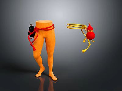 Colorful Daily Life Accessories On Orange Mannequin With Red Black Yellow Ropes And Gourd Ornaments 3d model