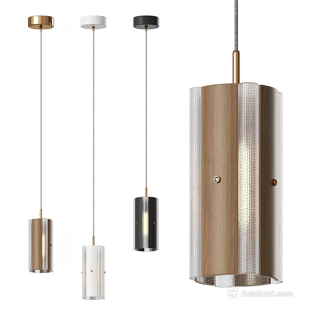 Modern Pendant Lights with Wooden Metal Cylindrical Design and Transparent Mesh Details 3d model 