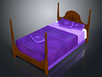 Classic Wooden Four Poster Bed Furniture With Purple Bedspread And Pillows 3d model