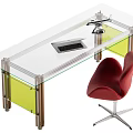 Modern Glass Top Desk with Metal Legs Yellow Underframe Keyboard Desk Lamp and Red Chair