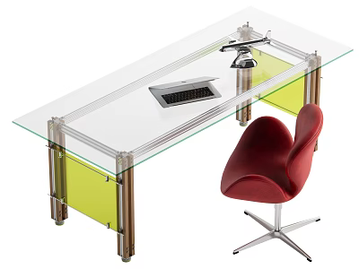 Modern Glass Top Desk with Metal Legs Yellow Underframe Keyboard Desk Lamp and Red Chair 3d model