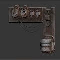Rusty Metal Equipment with Round Knobs and Hanging Cables and Attached Metal Container