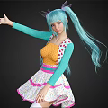 Woman With Blue Long Hair Wearing Colorful Polka Dot Dress And White Thigh High Socks