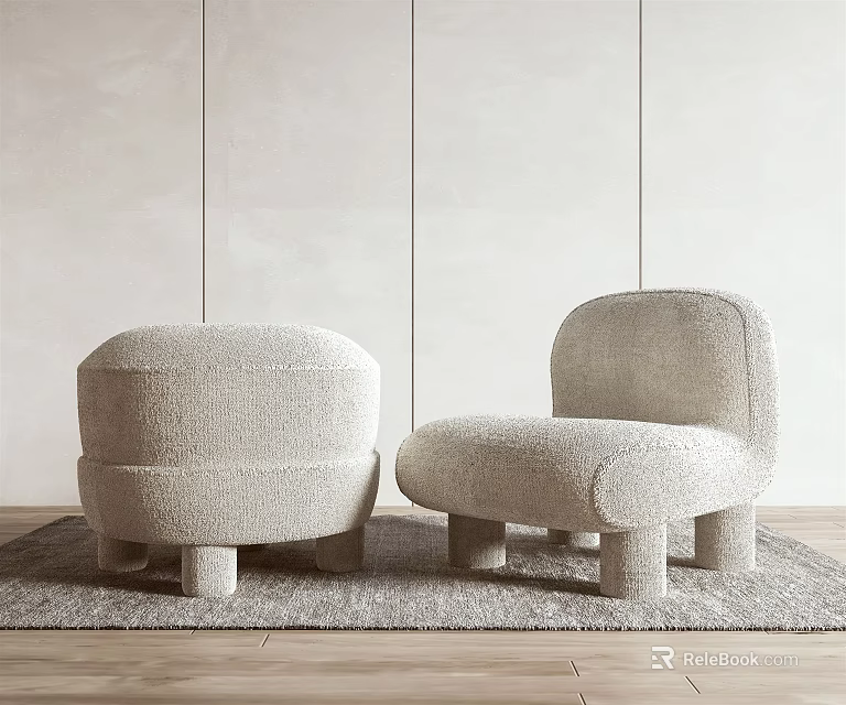 Light Beige Fluffy Accent Chair with Rounded Design and Cylindrical Legs on Grey Carpet 3d model 