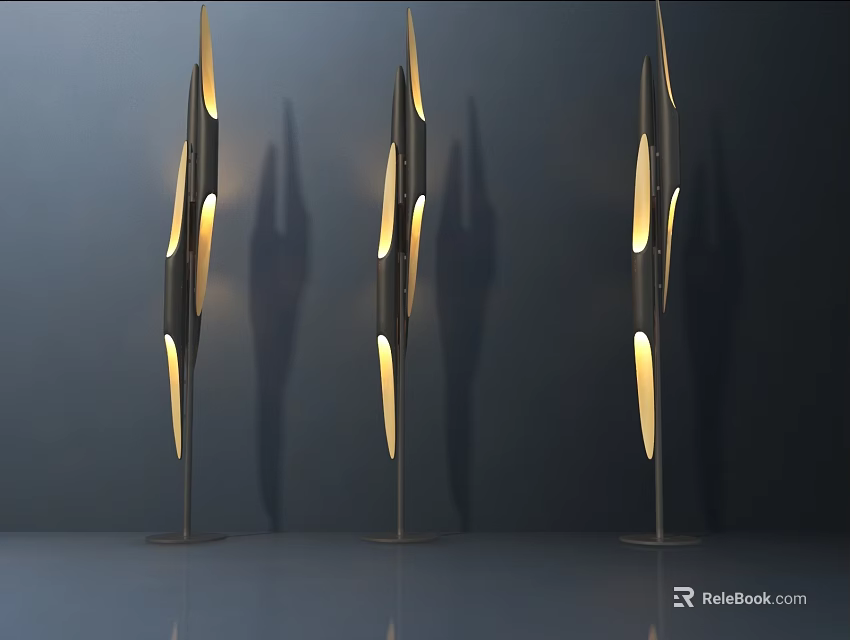 Three Modern Geometric Floor Lamps With Warm Yellow Light On Reflective Floor 3d model 