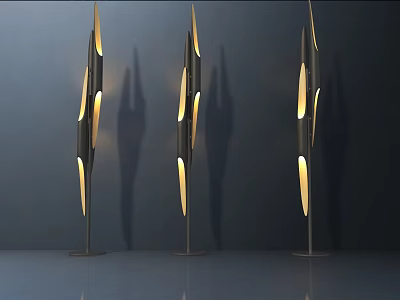 Three Modern Geometric Floor Lamps With Warm Yellow Light On Reflective Floor 3d model