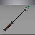 Fantasy Trident Weapon 3D Model With Wooden Handle Metal Shaft And Green Star Gem