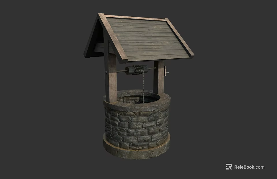 Rustic Garden Ornament Well Structure With Wooden Roof Stone Base And Hanging Bucket Chain 3d model 