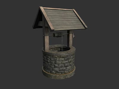 Rustic Garden Ornament Well Structure With Wooden Roof Stone Base And Hanging Bucket Chain 3d model