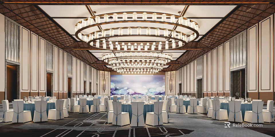 Banquet Hall Interior Design With Grand Multi tiered Chandeliers And Elegant Table Chair Setup 3d model 
