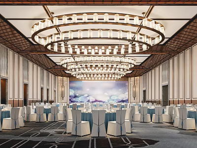 Banquet Hall Interior Design With Grand Multi tiered Chandeliers And Elegant Table Chair Setup 3d model