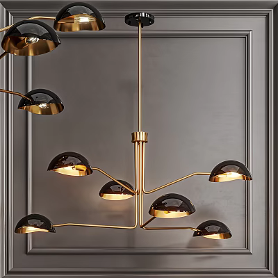 Modern Chandelier With Golden Branches And Hemispherical Black Shades Against Dark Wall 3d model