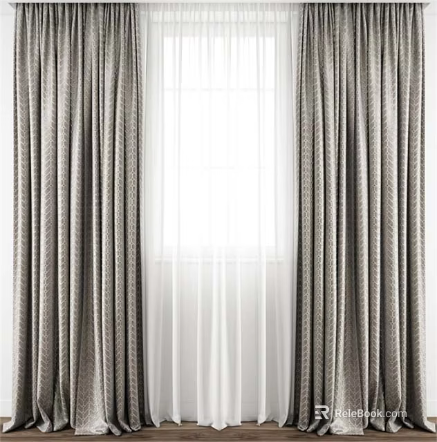 Modern Gray Textured Curtains With White Sheer Panels For Window Decoration 3d model 