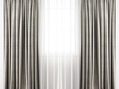 Modern Gray Textured Curtains With White Sheer Panels For Window Decoration 3d model