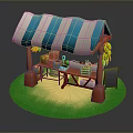 Fresh Fruit Stall With Blue White Striped Awning Bananas Crates On Green Grass