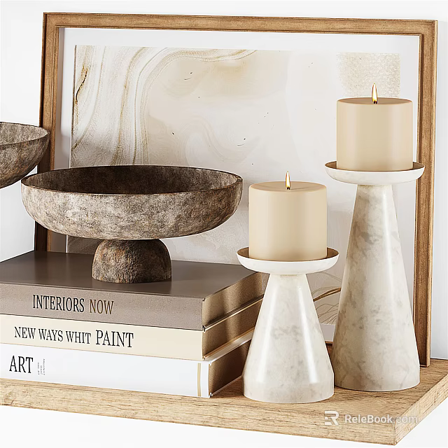 Modern Decorative Ornament Set With Stone Bowl Candles On Marble Pedestals And Book Stack 3d model 