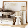 Modern Decorative Ornament Set With Stone Bowl Candles On Marble Pedestals And Book Stack