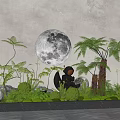 Enchanting Indoor Landscape With Glowing Moon Decoration Green Plants Ferns Palm Trees And Stones