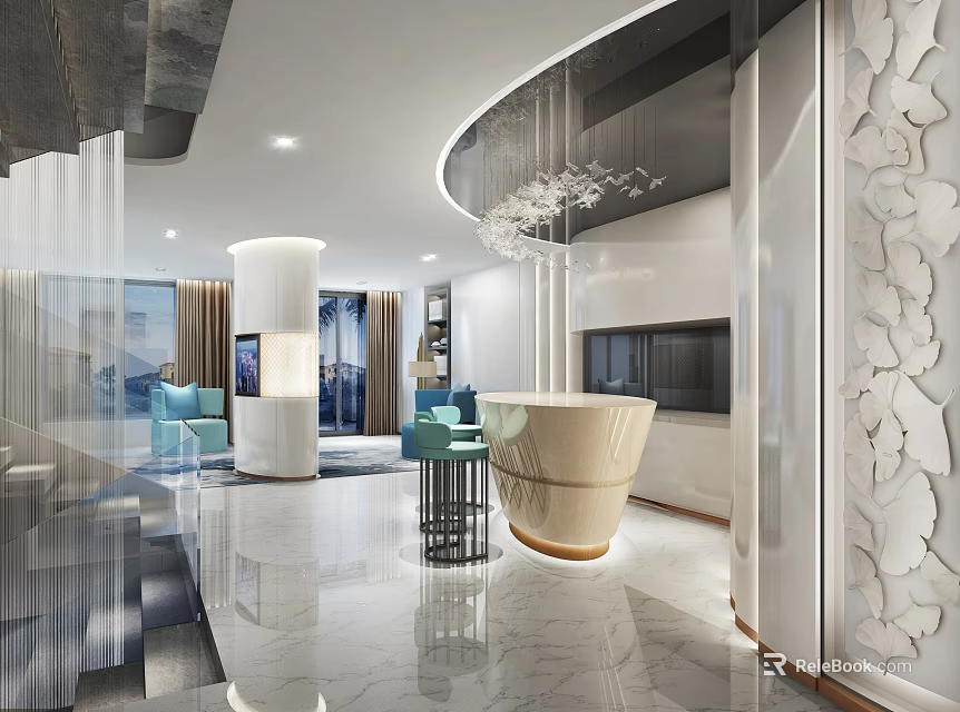 Modern Living Room Interior Design With Circular Sofa Blue Chairs Marble Floor And Chandelier 3d model 