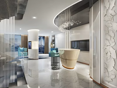 Modern Living Room Interior Design With Circular Sofa Blue Chairs Marble Floor And Chandelier 3d model