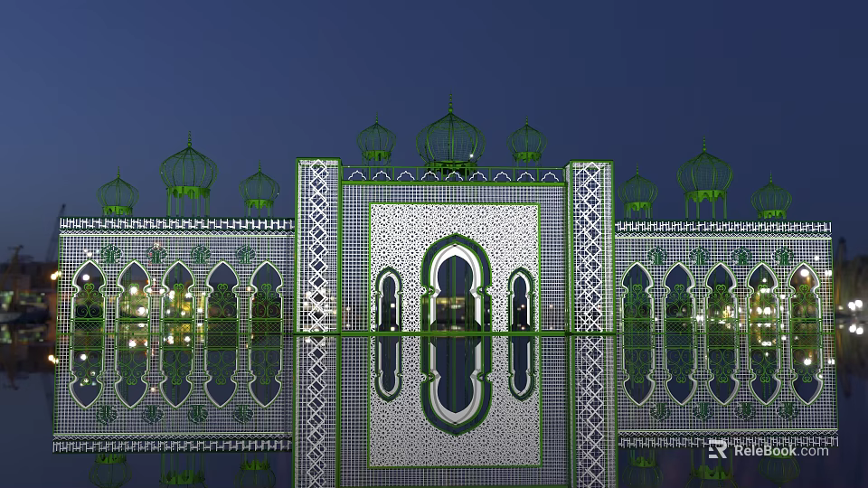 Ornate Stage With Green Domes Geometric Patterns Arched Doorways And Reflective Water Surface At Night 3d model 