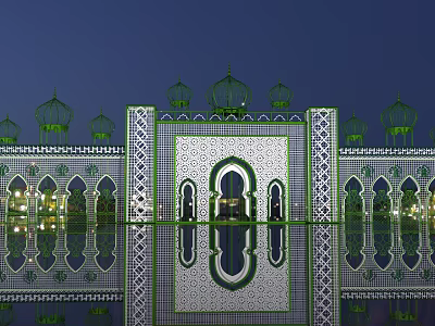 Ornate Stage With Green Domes Geometric Patterns Arched Doorways And Reflective Water Surface At Night 3d model