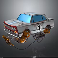 Cartoon Style White Car With Blue Windows Red Stripes Number 1 And Orange Mechanical Wheels