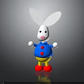 Cartoon Rabbit Character with Long White Ears Blue Shirt Red Buttons Yellow Pants Red Shoes