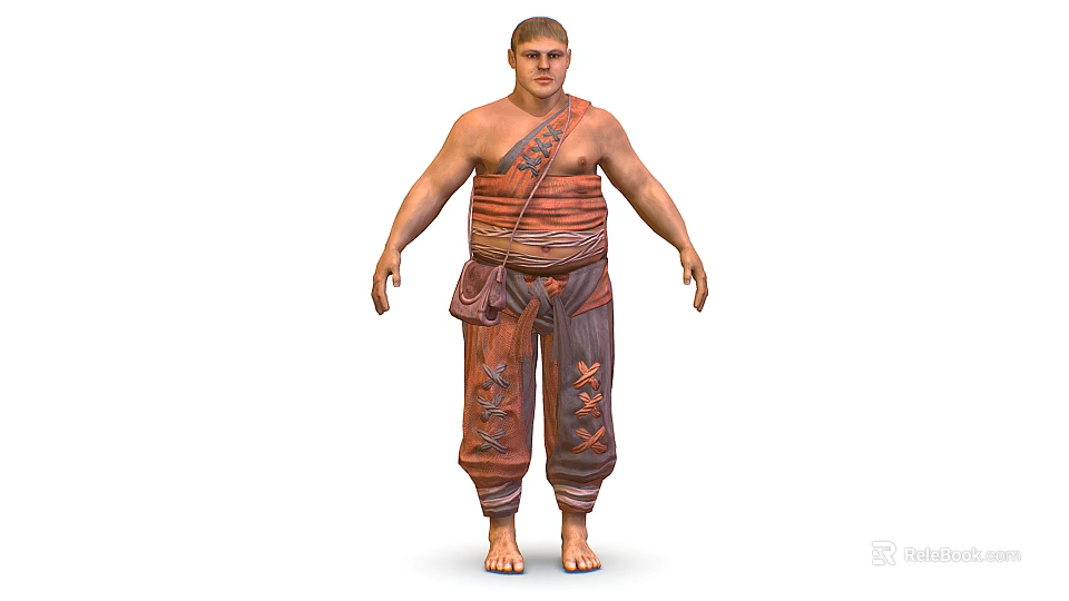 Male Character In Traditional Strapped Costume With Animal Patterned Pants And Waist Pouch 3d model 