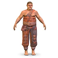 Male Character In Traditional Strapped Costume With Animal Patterned Pants And Waist Pouch