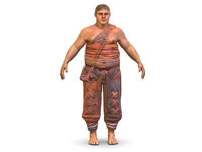 Male Character In Traditional Strapped Costume With Animal Patterned Pants And Waist Pouch 3d model