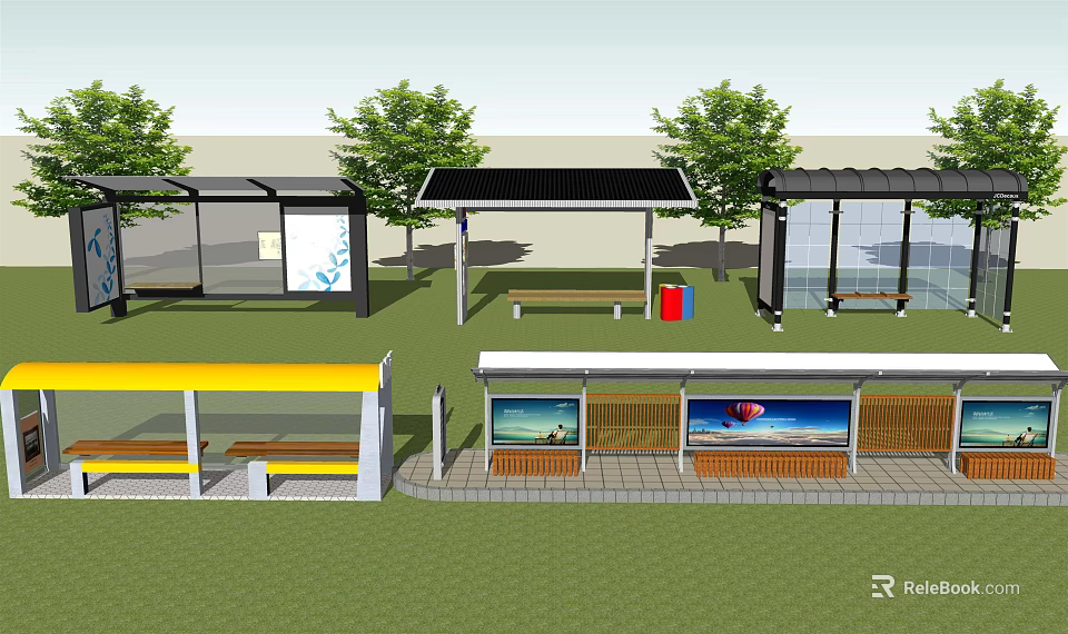 Modern Bus Station With Multiple Shelters Benches Billboards and Green Trees 3d model 