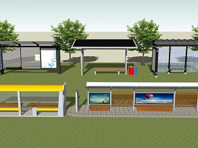 Modern Bus Station With Multiple Shelters Benches Billboards and Green Trees 3d model