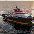 Large Modern Ship With Black And Orange Hull Navigating On Open Sea Under Cloudy Sky