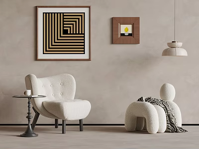 Modern White Accent Chair In Minimalist Interior With Side Table Wall Art And Sculpture 3d model