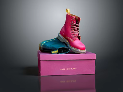 Pink Dr. Martens Boots On Pink Box With Blue Pair And Brand Logo 3d model