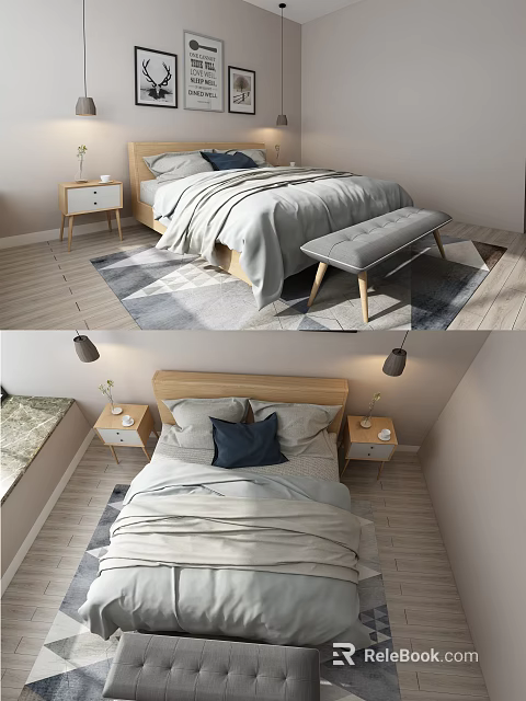 Modern Double Bed With Gray Bedding Blue Pillow Wooden Nightstands And Bench 3d model 