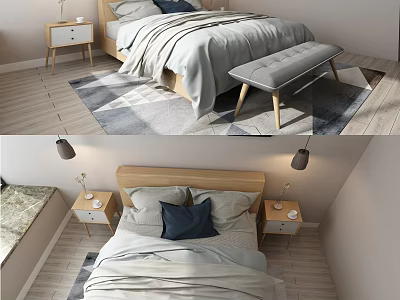 Modern Double Bed With Gray Bedding Blue Pillow Wooden Nightstands And Bench 3d model