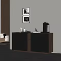 Modern Minimalist Dresser in Living Room with Framed Pictures Coffee Maker and Decorative Items