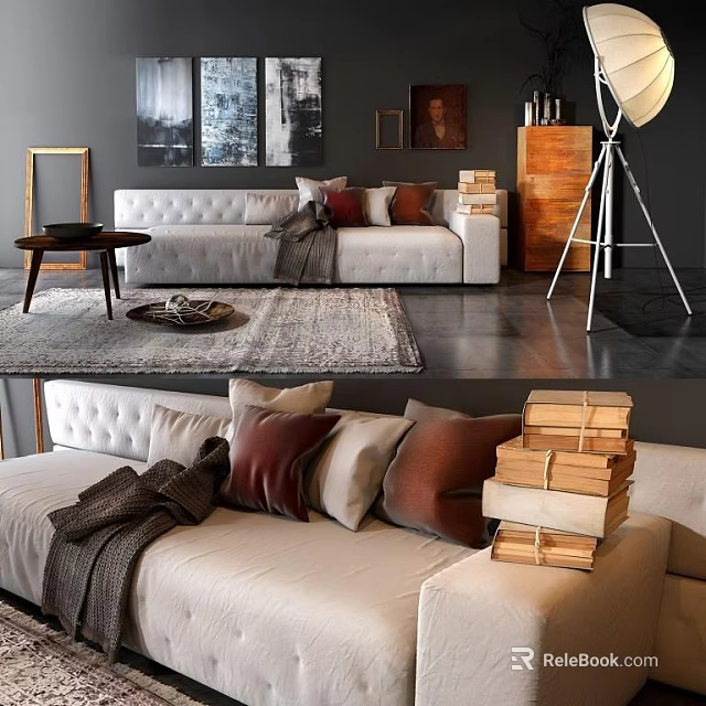 Modern Sectional Sofa Living Room Setup With Pillows Blanket Stacked Books And Floor Lamp 3d model 