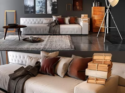 Modern Sectional Sofa Living Room Setup With Pillows Blanket Stacked Books And Floor Lamp 3d model