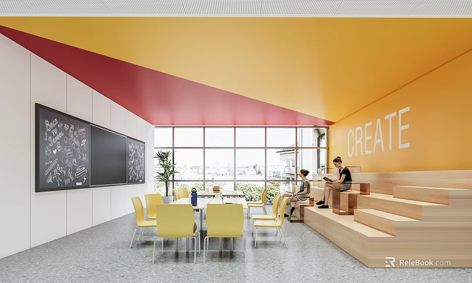 School Interactive Learning Area Featuring CREATE Wall Yellow Chairs Large Windows And Stepped Seating 3d model