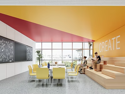 School Interactive Learning Area Featuring CREATE Wall Yellow Chairs Large Windows And Stepped Seating 3d model