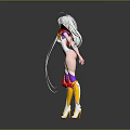 Fantasy Woman With White Long Hair Pink Yellow Cape Colorful Knee Guards And White Boots