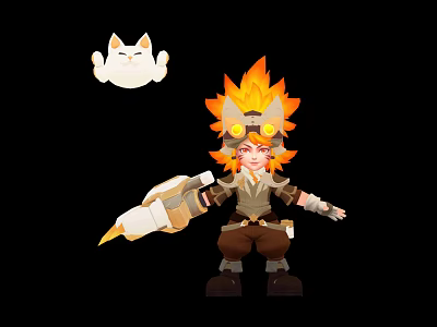 Game Character With Flame Hair Goggles Holding Weapon And Small White Cat 3d model