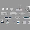 Modern Geometric Display Items With White Sculptural Shapes And Digital Screens